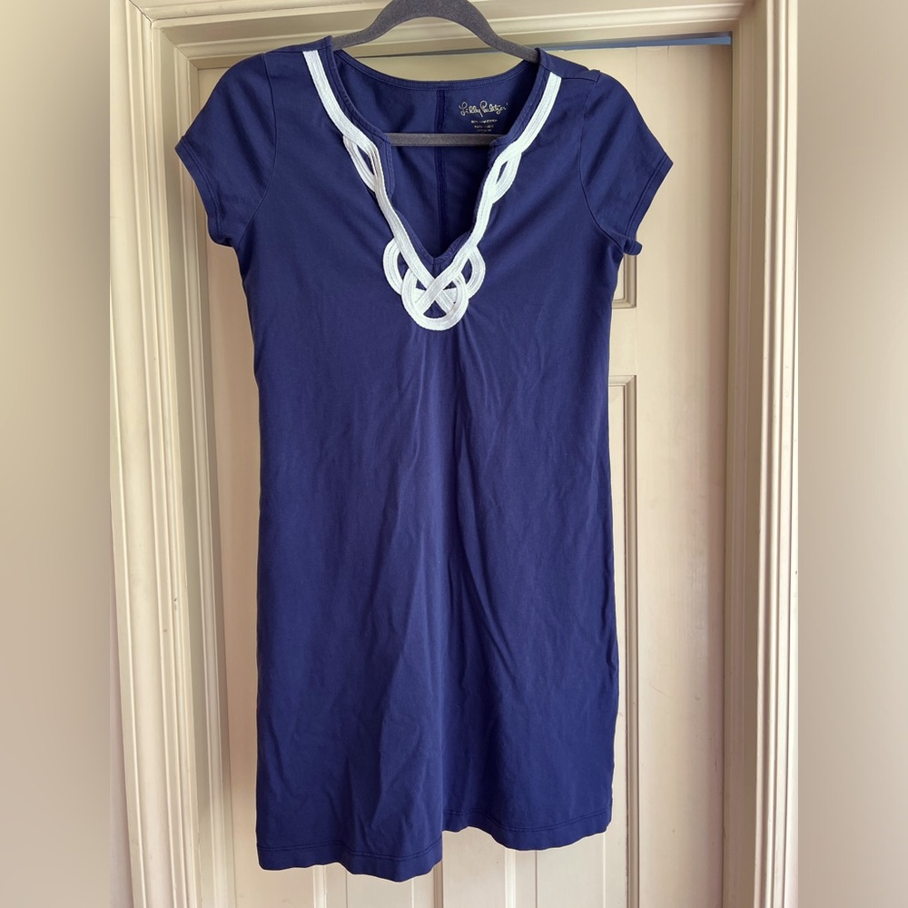 Lilly Pulitzer Prima Cotton Navy Blue Short Dress with Nautical Embroidery